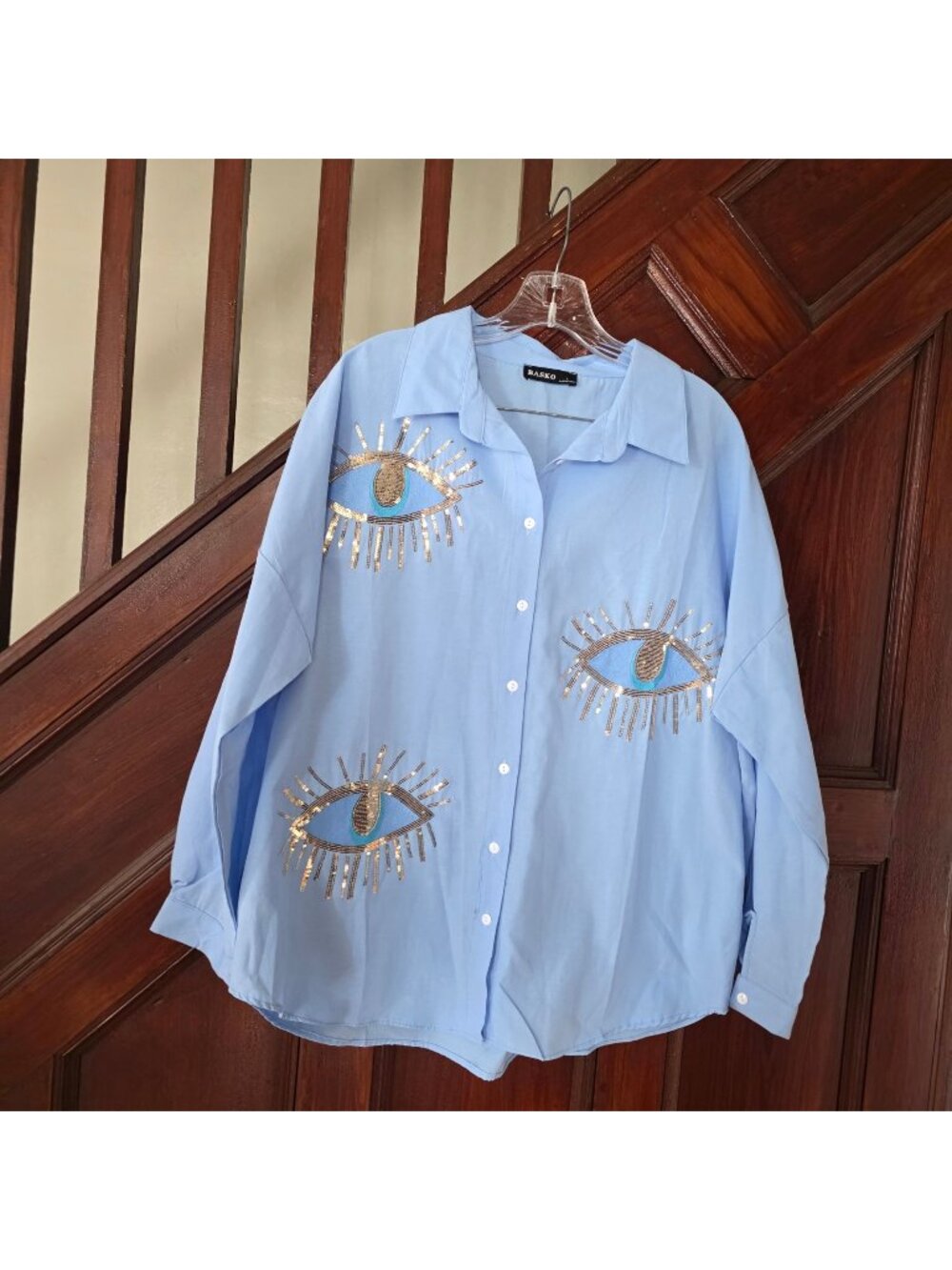 Basko Blue Button-Up Shirt With Gold & Blue Eye Sequin Embroidery Made In Turkey